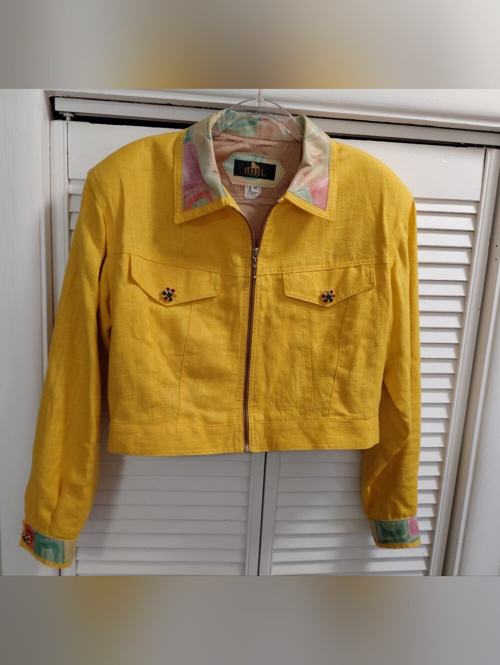 Vintage Isabel Yellow Cropped Linen And Leather Jacket With Decorative Buttons